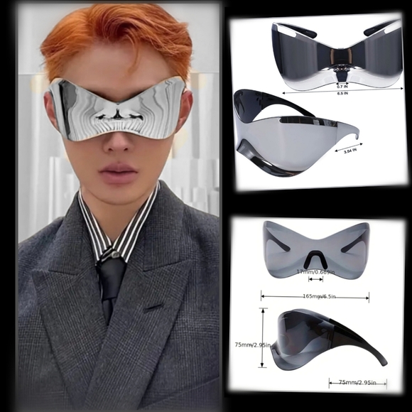 Oversized futuristic mirror shades chrome  silver sunglasses wrap around - Picture 5 of 8